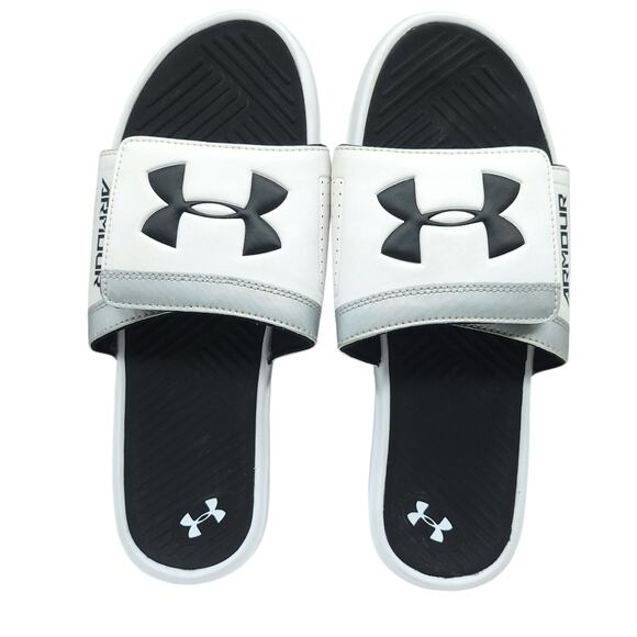 Under Armour Slides Mens 12 Sandals White Black Silver Metallic Ignite Comfort - Picture 2 of 13